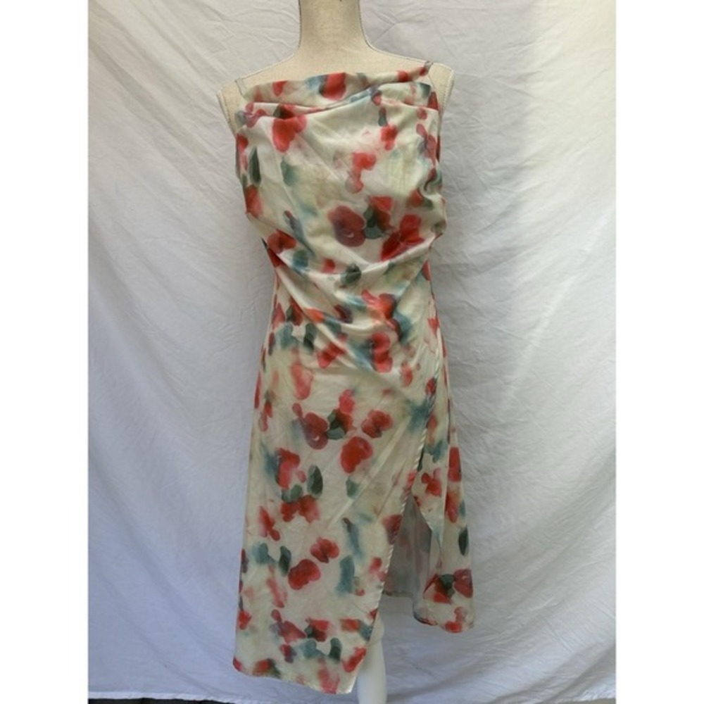Unbranded Cowl Neck Midi Dress Womens Cream Red Watercolor Floral Ruched Size‎ 2